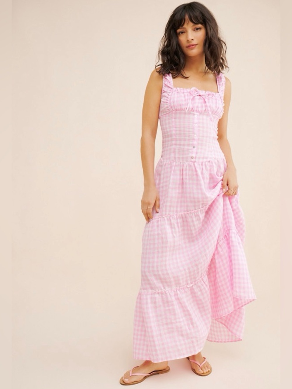 Frankie's Bikinis Christabelle Linen Dress Maxi Pink White Gingham Tiered XS